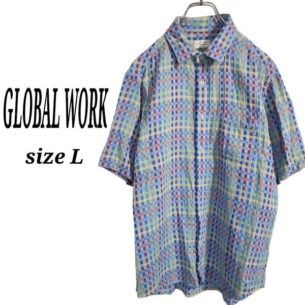 GLOBAL WORK グローバルワーク コットン ボタンシャツ 半袖 チェック マルチカラー メンズL オーバーサイズ ビッグシルエット 90s
