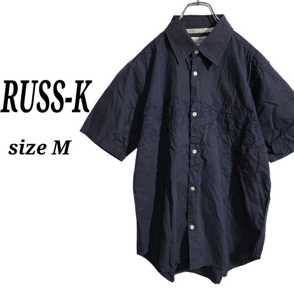 RUSS・K ラスケー ショートスリーブ ボタンシャツ アロハ 半袖 刺繍デザイン ボタニカル 紺 メンズ M オーバーサイズ ビッグシルエット 90s