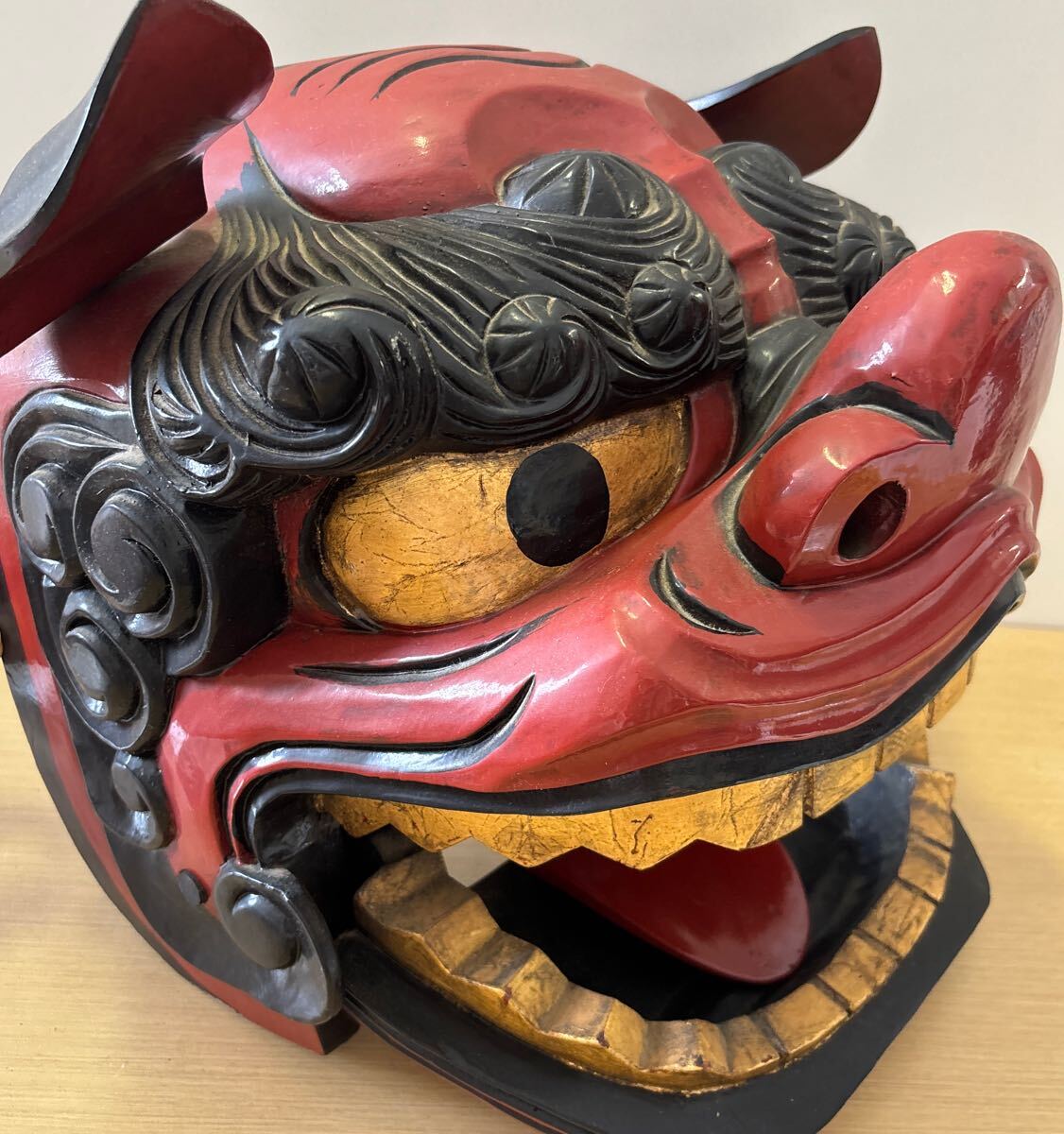 光峰作 加賀 獅子頭 木彫 共箱 獅子舞 縁起物 置物 魔除け 郷土