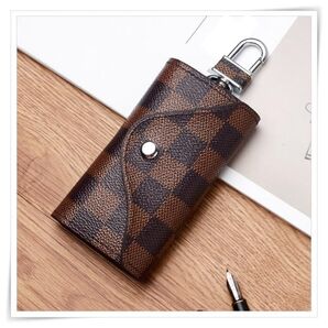 市松模様 格子柄 チェック柄 キーケース 折り畳み ブラウン