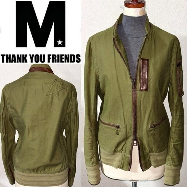 即落送料無料 美品 M Thank You Friends 定価3万円程 革 レザー 装飾 ミリタリー ジャケット S 日本製 MA-1 ドメス アメカジ ワーク 古着