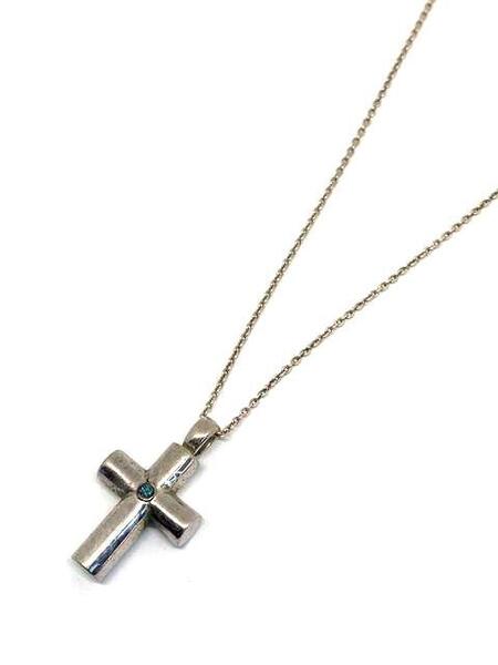 【即決/40cm】 SV925 クロスネックレス 青色石 シルバー 十字架 アクセサリー 銀 6.5g