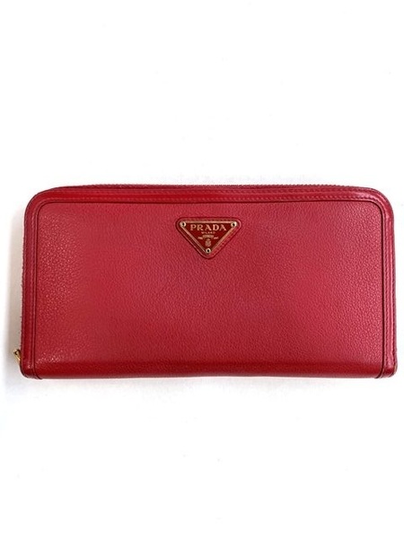 【即決/訳アリ】 PRADA プラダ ラウンドファスナー 長財布 1ML506 ロングウォレット 赤 レッド カーフ レザー 三角ロゴプレート
