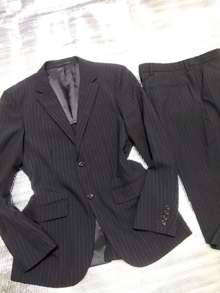 ジーユー GU ジャケット スラックス ブラック ストライプ セットアップ スーツ L BLACK 黒 メンズ