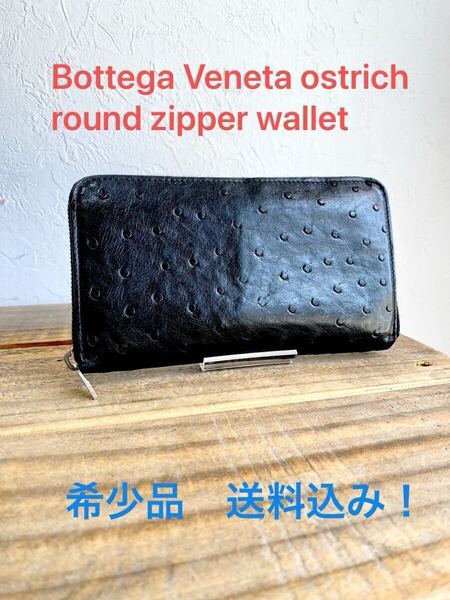 ☆希少美品☆ Bottega Veneta ボッテガヴェネタ オーストリッチ ダチョウ 駝鳥 ラウンドファスナー 長財布 メンズ ロングウォレット レア