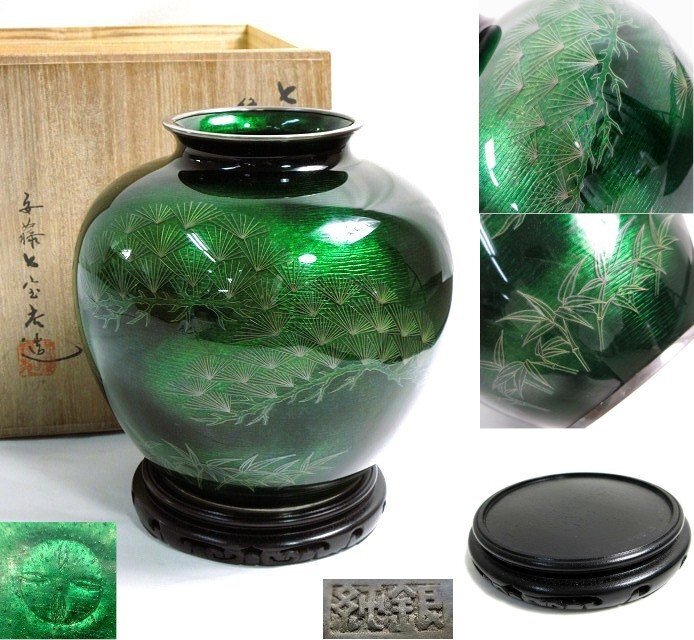 七宝焼 安藤七宝店造 赤透 薔薇文 花瓶 共箱 7891C