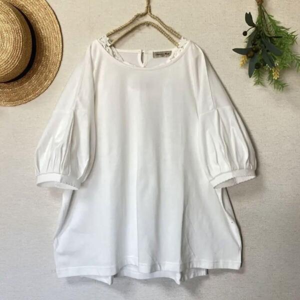 新品★サマンサモスモス★着回し力抜群★ピコレース*シェルタックボリュームスリーブカットソー合わせやすいオフ