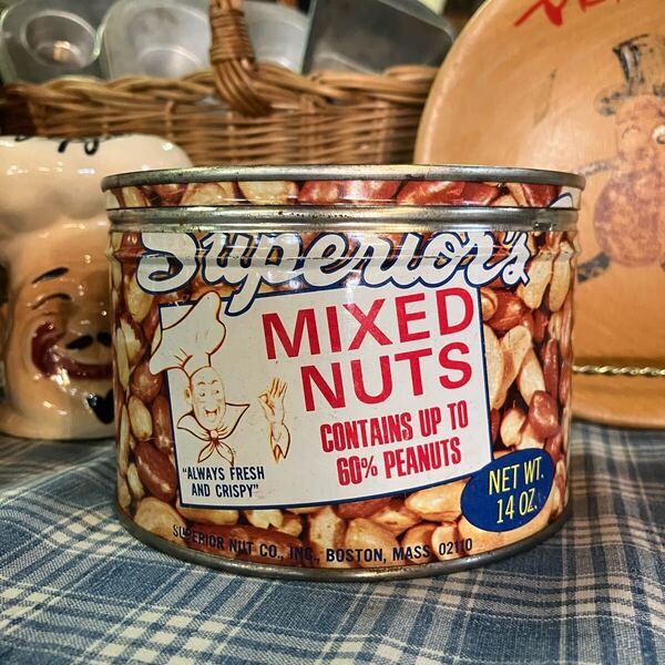 【vintage】缶 ピーナッツ TIN Superior's MIXED NUTS 店舗什器 antiques アンティーク 古着 US 店舗什器 古道具 vintage ビンテージ缶