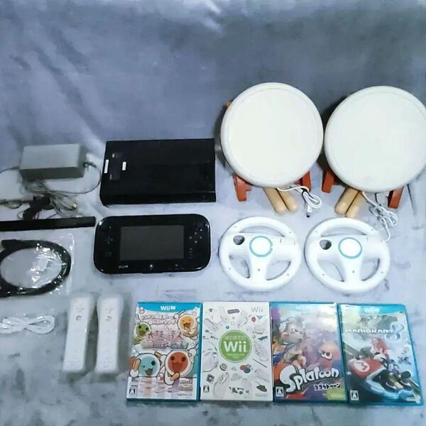 wiiu 本体 ゲームパッド 太鼓の達人 マリオカート8 タタコンセット 黒⑦ wiiハンドル wiiリモコン