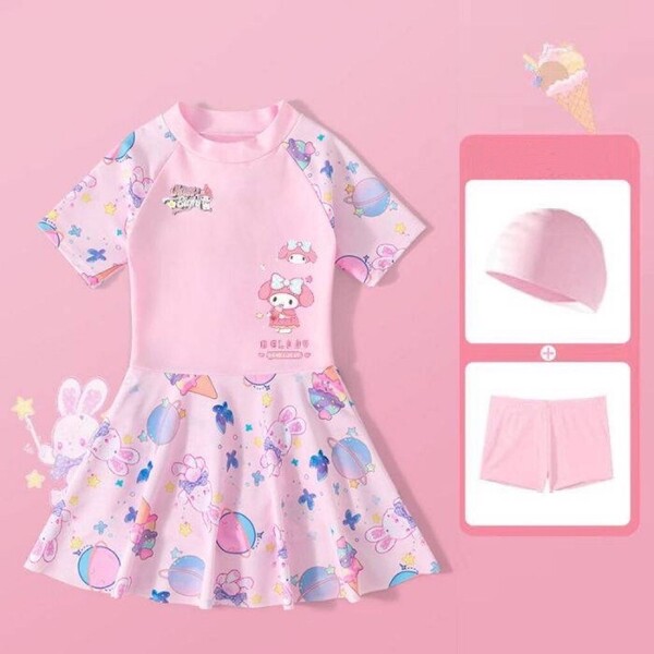 新品 女の子用 水着 100サイズ サンリオ マイメロ 女の子ワンピース水着 キッズ ピンク 半袖 帽子+パンツセット 匿名配送