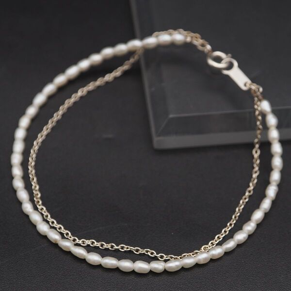 A231 淡水真珠 パール STERLING SILVER925刻印 ブレスレット あずき アズキチェーン 2連 デザイン シルバー 6月誕生石