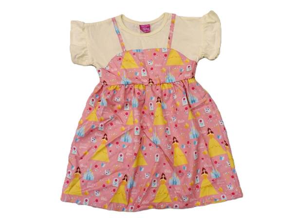 H-248 新品 ディズニープリンセス ベル ベビー 女の子 半袖 ワンピース ドッキングワンピース【110】ピンク×イエロー 薄手