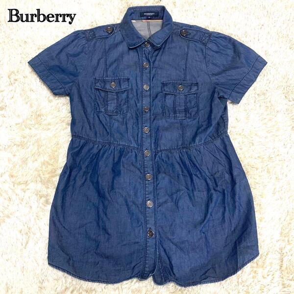 【極美品】BURBERRY LONDON バーバリー ロンドン ブラウス シャツ 半袖 ノバチェック ノヴァチェック レザー ブルー デニム風 38サイズ M
