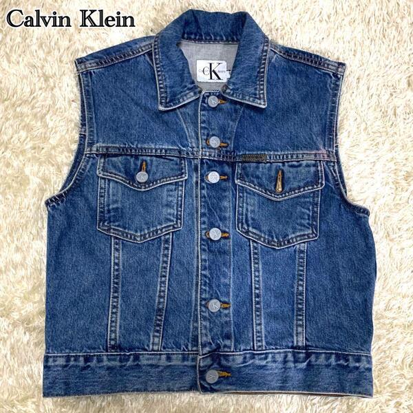 【極美品】Calvin Klein Jeans カルバンクラインジーンズ ノースリーブ デニムジャケット Gジャン アウター 濃紺 ネイビー Sサイズ
