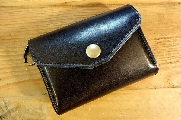 ◆リングミニウォレット◆高品質国産本牛革キップレザー BLACK 立体成型 Custom Order:リング/ホック/ハトメ コンパクトウォレット 財布 黒