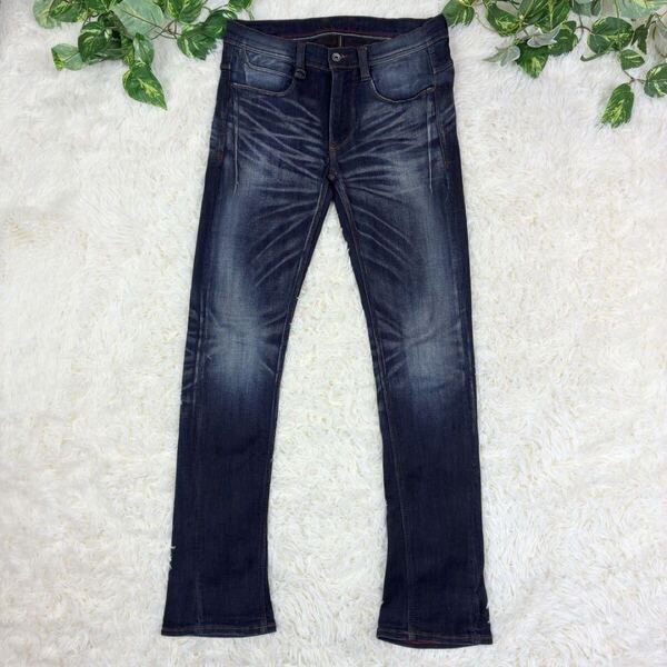 美品 NICOLE CLUB FOR MEN ニコルクラブフォーメン 鬼ヒゲ ハチノス ストレッチスキニー シューカットデニムパンツ 48 (L) 濃紺