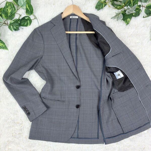 美品 SUIT SELECT スーツセレクト グレンチェック ウォッシャブル ストレッチ アンコンジャケット シングル 2B M グレー
