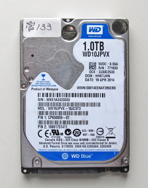 ★送料無料★ノート用 HDD 2.5インチ 1TB ★ 10826時間 ★ WesternDigital ★ WD10JPVX ★ 管133