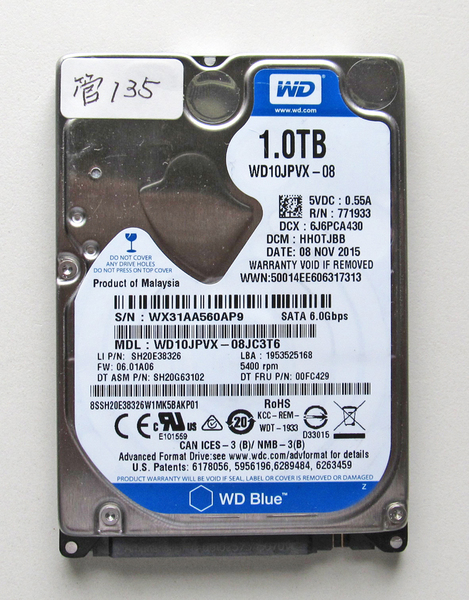 ★送料無料★ノート用 HDD 2.5インチ 1TB ★ 99 時間 ★ WesternDigital ★ WD10JPVX ★ 管135
