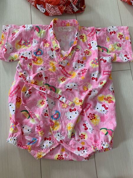 ハローキティー 甚平 80cm ロンパース ピンク 女の子 綿100 ベビー お祭り 浴衣 半袖 送料込み サンリオ キャラクター
