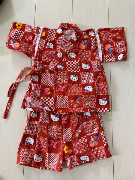 ハローキティー 甚平 80cm 上下 赤 女の子 綿100 ベビー お祭り 浴衣 半袖 送料込み サンリオ キャラクター