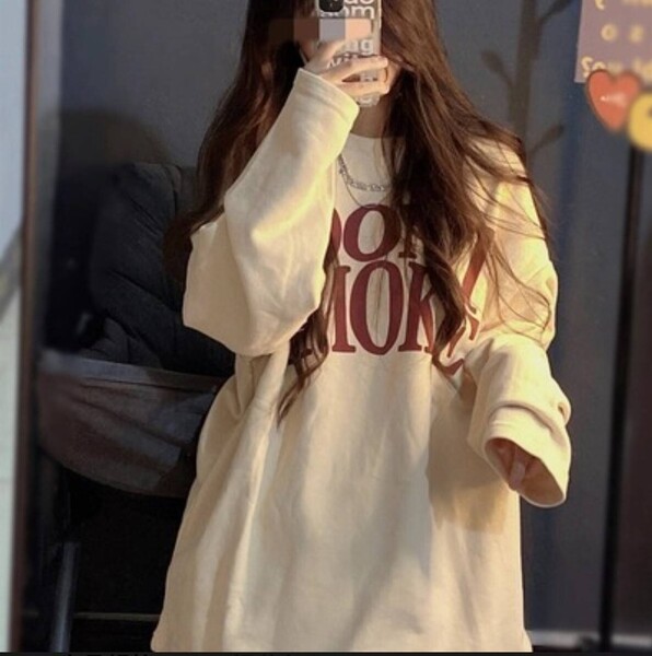 オーバーサイズ Tシャツ レディース 長袖 ゆったり ロゴ入りトップス 韓国