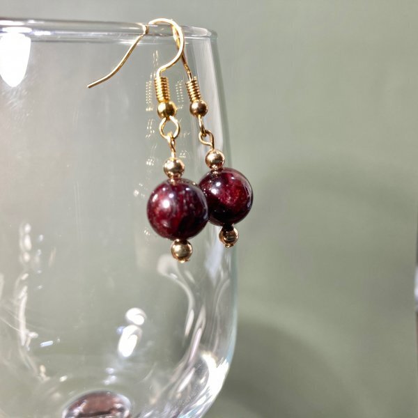 ガーネット ピアス 一粒フックピアス 10mm (ゴールド) イヤリング、樹脂フック変更可 樹脂ピアス シンプル パワーストーン 天然石