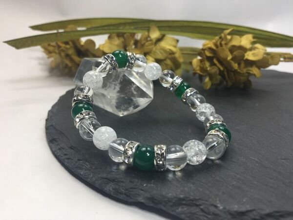 緑瑪瑙 &水晶&クラック水晶 パワーストーン ブレスレット 天然石ブレス (シルバー) 幸運 開運 浄化4月 誕生石 クリスタル レディース