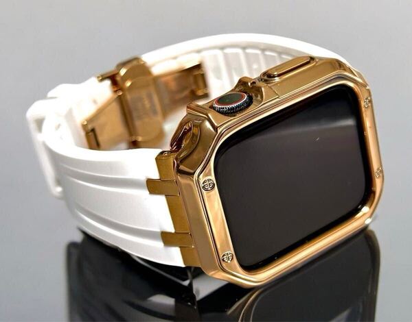 薔厚☆ホワイトローズ アップルウォッチバンド ラバーベルト Apple Watch ケース カバー 38mm 40mm 41mm 42mm 44mm 45mm 46mm 49mm