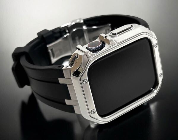 銀厚☆ブラックシルバー アップルウォッチバンド ラバーベルト Apple Watch ケース カバー 38mm 40mm 41mm 42mm 44mm 45mm 46mm 49mm