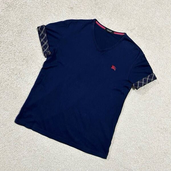 BURBERRY BLACK LABEL バーバリーブラックレーベル 半袖Tシャツ Vネック ホースロゴ刺繍 チェック ネイビー サイズ3 Lサイズ相当