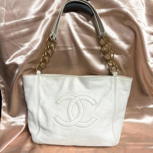 レア☆ シャネル チェーントート バッグ レザー ホワイト ココマーク 白 CHANEL