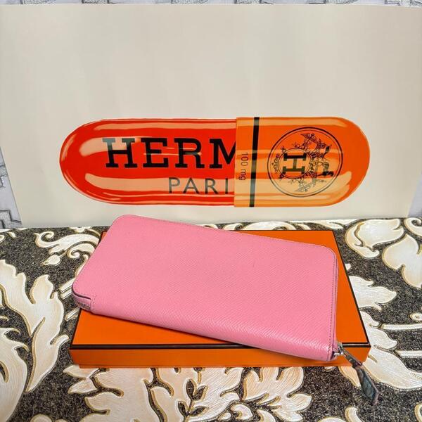 中古美品 T刻印 エルメス アザップ ロング シルクイン ピンク 長財布