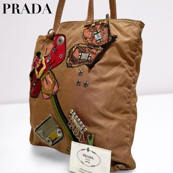 【正規品】PRADA プラダ 刺繍 花柄 鍵 アップリケ トートバッグ 三角ロゴ ナイロン A4可能 大容量 レディース ピンク系ブラウン 白タグ
