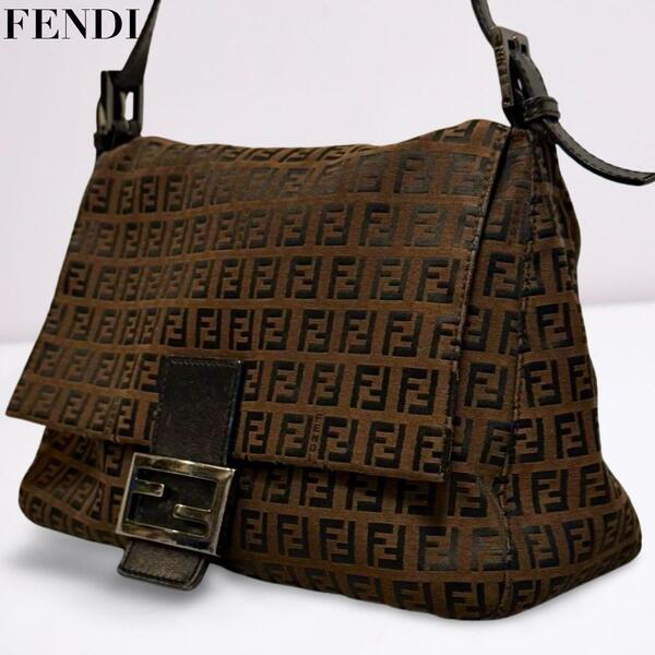 【希少】FENDI フェンディ ズッカ柄 マンマバケット ワンショルダー バッグ 正規品 FFロゴ キャンバス ブラウン 茶系 レディース