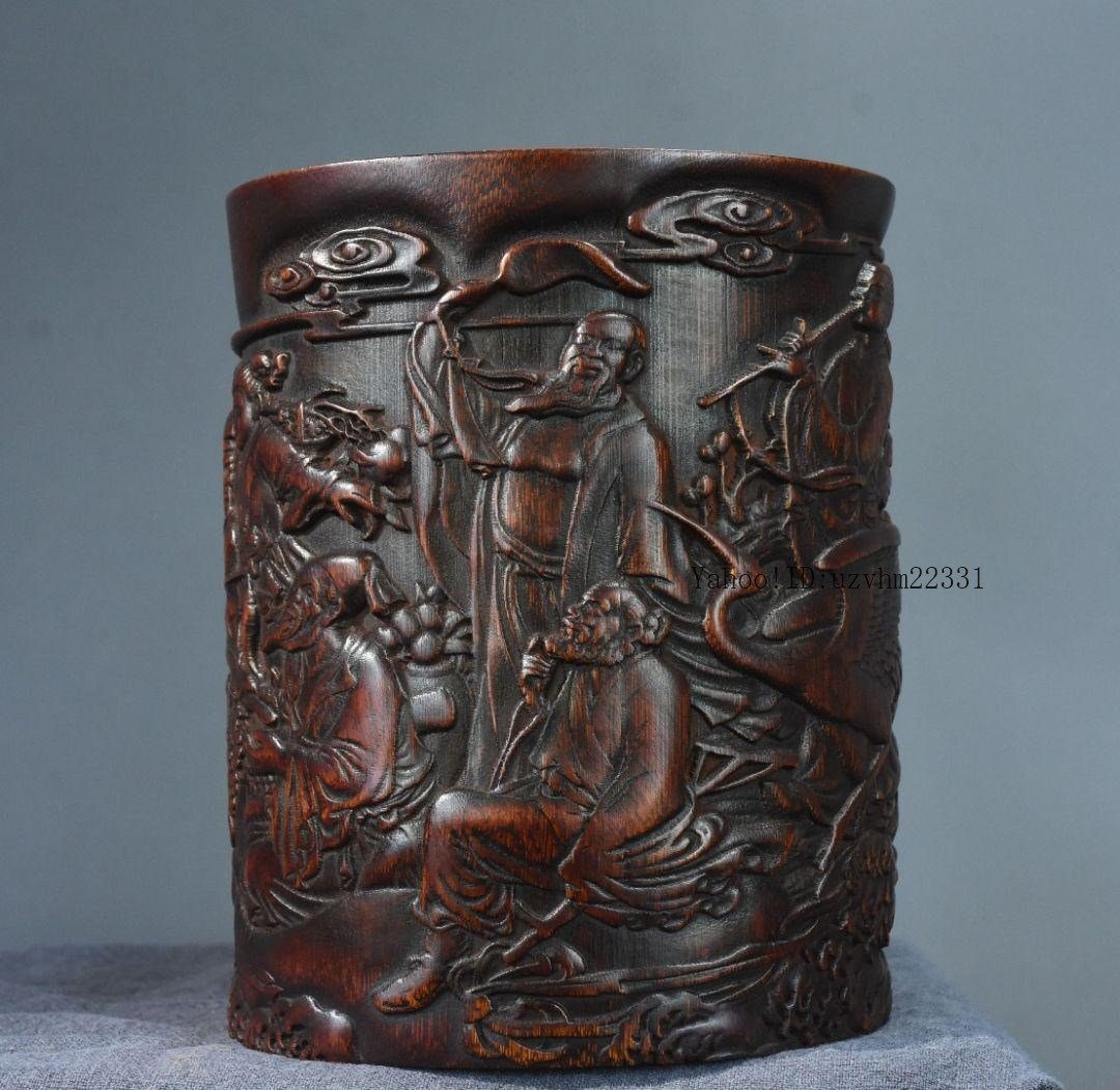 珍】 古竹細工 竹彫 筆立 中国美術品 彫刻 竹筒 文房具