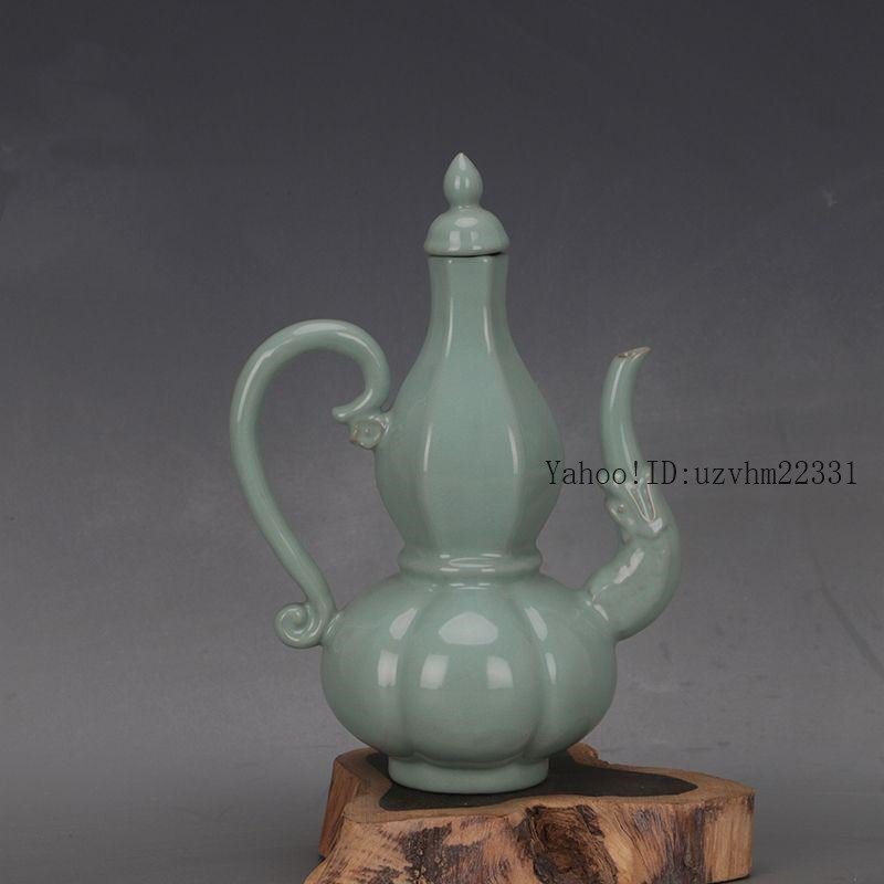 未使用品 宋汝窯青釉竜紋六方瓜稜瓢簞紋長柄執壺套組 工芸品 美術品 置物 未使用品 宋汝窯青釉竜紋六方瓜稜瓢?紋長柄