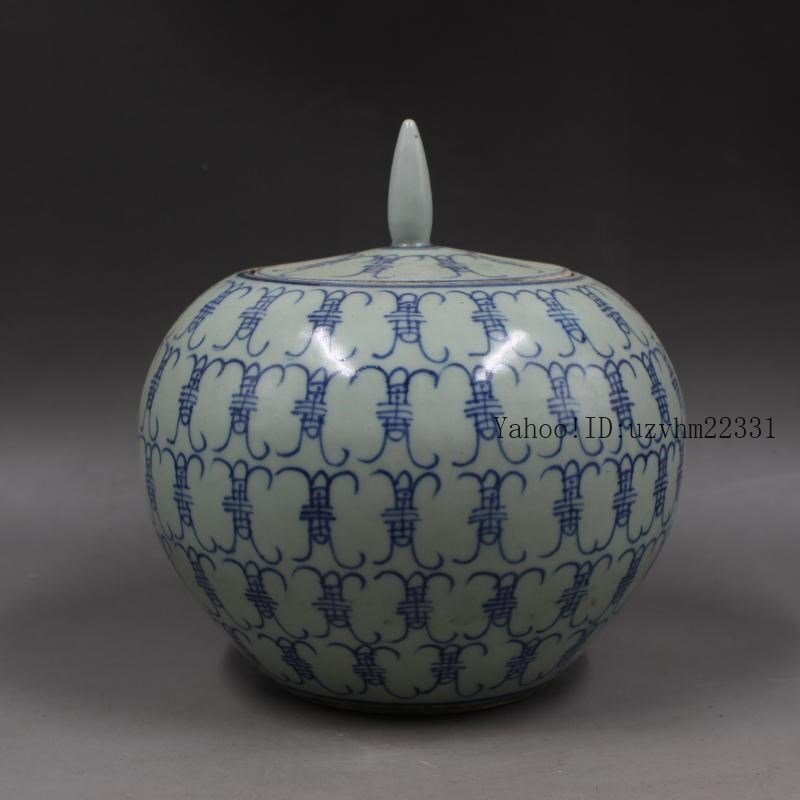 青花喜字缶 景徳鎮 陶磁器 装飾品 現代工芸品 美術品 置物