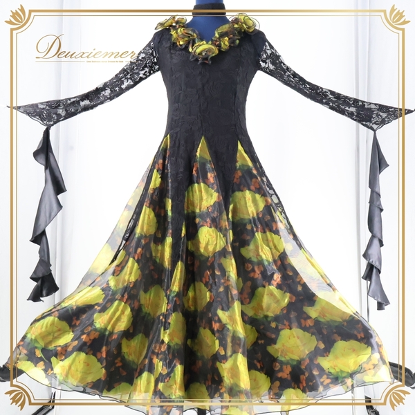 『送料無料』【美品 社交ダンス衣装】ブラック leirena レイリーナ ワンピース ドレス 黒 黄色 イエロー 花柄 上品 軽い パーティ 発表会