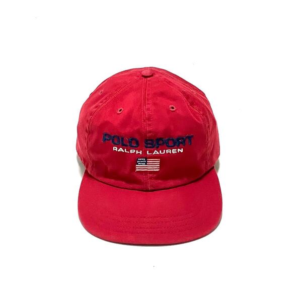 アメリカ製 POLO SPORT ポロスポーツ コットンキャップ 星条旗 90s 90年代 帽子 ポロ ラルフローレン 刺繍 ベースボールキャップ 赤 レッド