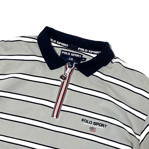 XL POLO SPORT ポロ スポーツ ハーフジップ ボーダー ストライプ ポロシャツ 半袖 90’s 90年代 刺繍 星条旗 ロゴ ラルフローレン グレー