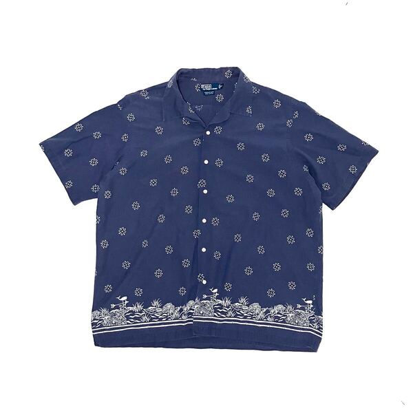 XXL ポロ ラルフローレン プリント シャツ ヴィンテージキャンプ ネイビー アロハ ハワイアン オープンカラー 開襟 半袖 ビッグサイズ