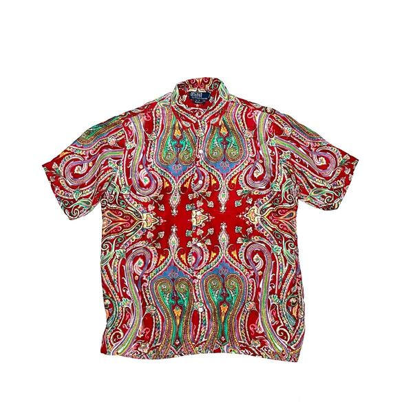 S ポロ ラルフローレン Caldwell 半袖シャツ ペイズリー柄 総柄シルク ポニーロゴ無し ヴィンテージ 開襟シャツ オープンカラー Polo 赤