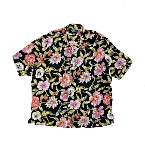 XXL 美品 ポロ ラルフローレン 総柄シャツ クレイトン シャツ 半袖 CLAYTON 黒 ブラック 開襟 オープンカラー レーヨン Polo Ralph Lauren