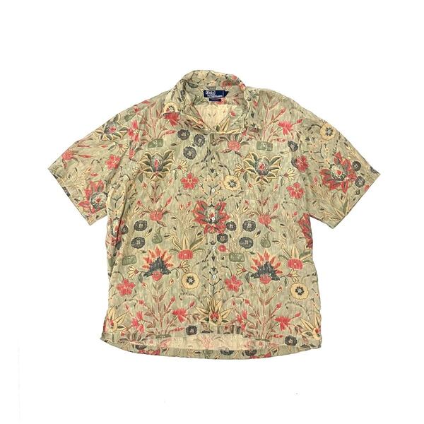 L 美品 ポロ ラルフローレン リネン アロハ ハワイアン 総柄 開襟 シャツ オープンカラー Polo Ralph Lauren ヴィンテージポロ 花柄 90’s