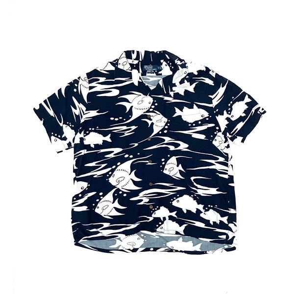 XXL 美品 ポロ ラルフローレン 総柄 シャツ アロハ ハワイアン フィッシング マリン 魚柄 レーヨン 開襟 オープンカラー ネイビー