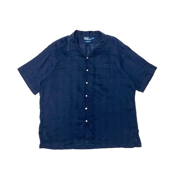 XXL ポロ ラルフローレン Caldwell 半袖シャツ 裾ポニー ジャガード風 開襟 オープンカラー Polo Ralph Lauren 90’s 90年代 ネイビー