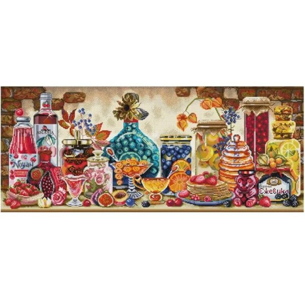 【送料無料・匿名配送】クロスステッチキット Fruit liqorフルーツリカー 果実酒 瓶詰め 14CT 77×36cm 布に図案印刷あり 刺繍 ラスト1点