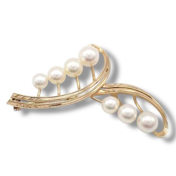 ミキモト MIKIMOTO あこや 真珠 パール ピン ピンブローチ コサージュ 7P K14 YG イエローゴールド リーフモチーフ ナチュラルピンク 3593