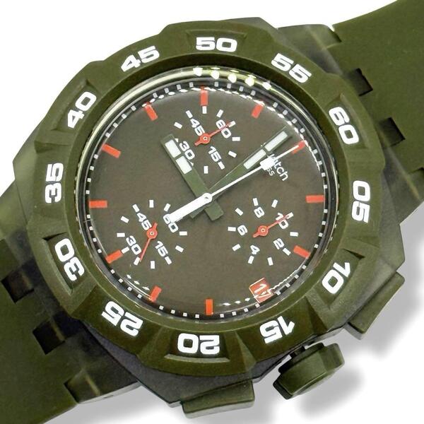 新品電池 スウォッチ 腕時計 グリーンヒーロー クロノグラフ swatch SUIG401 クォーツ ダイバー デイト 回転ベゼル 稼働 3643